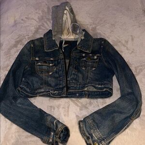 Cropped Blue Distressed Denim Jacket with Gray Hood